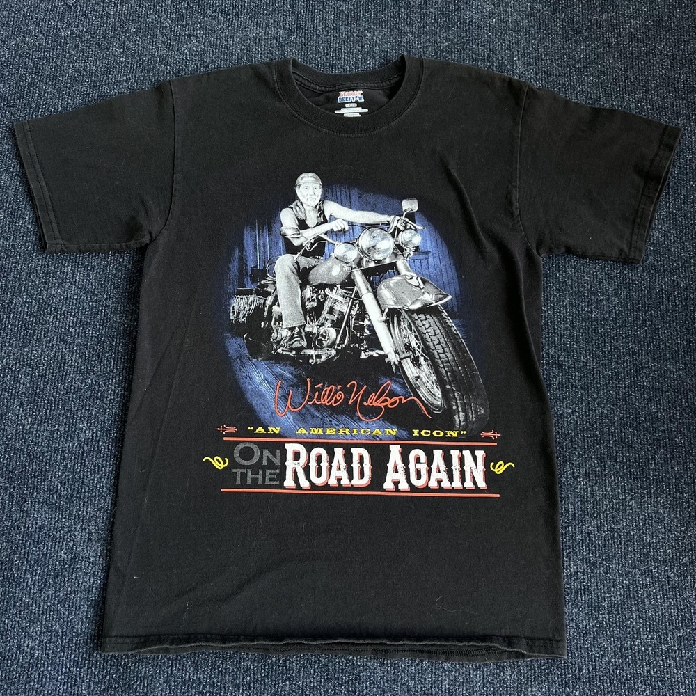 Willie Nelson Shirt Mens Small Black On The Road Again Motorcycle Tee T-Shirt